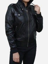 Load image into Gallery viewer, Black Fitted Leather Bomber With Removable Hood for Women