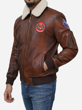 Load image into Gallery viewer, Men's Distressed Waxed Flying Fighter Leather Jacket in Brown