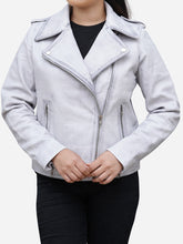 Load image into Gallery viewer, Women's White Asymmetric Motorcycle Jacket in Real Leather