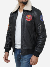 Load image into Gallery viewer, Men's Black Genuine Leather Jacket with Shearling Collar