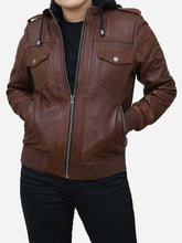 Load image into Gallery viewer, Women's Cognac Brown Leather Hooded Jacket in Bomber