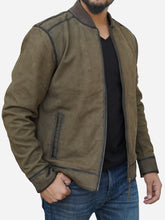 Load image into Gallery viewer, Men&#39;s Olive Green Bomber Jacket in Suede Leather

