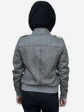 Load image into Gallery viewer, Women's Grey Leather Bomber Jacket With Removable Hood