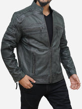 Load image into Gallery viewer, Men's Grey Motorcycle Jacket in Lambskin Leather