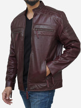 Load image into Gallery viewer, Men's Waxed Genuine Leather Biker Jacket in Burgundy