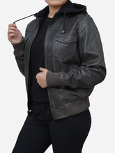 Load image into Gallery viewer, Women's Grey Leather Hoodie Jacket in Real Lambskin