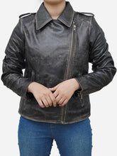 Lade das Bild in den Galerie-Viewer, Distressed Asymmetric Black Leather Biker Jacket - Women's