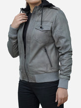Load image into Gallery viewer, Cloud Grey Leather Bomber Jacket With Removable Hood