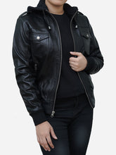 Load image into Gallery viewer, Women's Fitted Black Leather Bomber With Removable Hood