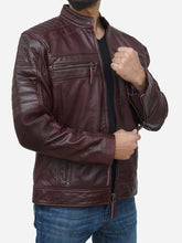 Load image into Gallery viewer, Genuine Burgundy Leather Biker Jacket - Men's Waxed