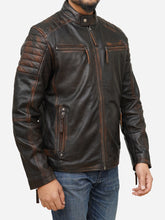 Load image into Gallery viewer, Distressed Brown Café Racer Leather Moto Jacket - Men's