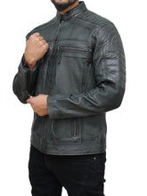 Load image into Gallery viewer, Lambskin Grey Leather Motorcycle Jacket - Men's