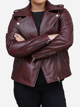 Load image into Gallery viewer, Women's Burgundy Jacket in Leather Biker