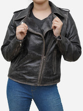 Lade das Bild in den Galerie-Viewer, Women's Black Asymmetric Biker Jacket in Distressed Leather