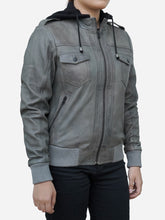 Load image into Gallery viewer, Women's Cloud Grey Leather Bomber Jacket With Removable Hood