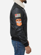 Load image into Gallery viewer, Men&#39;s Shearling Collar Black Leather Jacket With Genuine
