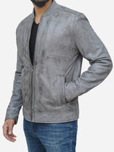 Load image into Gallery viewer, Men&#39;s Grey Bomber Jacket in Distressed Leather

