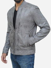 Load image into Gallery viewer, Men's Grey Bomber Jacket in Distressed Leather