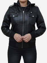 Load image into Gallery viewer, Black Leather Fitted Bomber With Removable Hood - Women