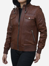 Load image into Gallery viewer, Women's Bomber Jacket in Cognac Brown Leather Hooded