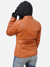Load image into Gallery viewer, Women's Brown Real Lambskin Hooded Leather Jacket