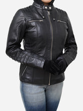 Load image into Gallery viewer, Genuine Black Leather Biker Jacket Women With Hoodie