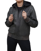 Load image into Gallery viewer, Grey Real Lambskin Leather Hoodie Jacket for Women