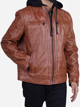 Load image into Gallery viewer, brown leather jacket with hood