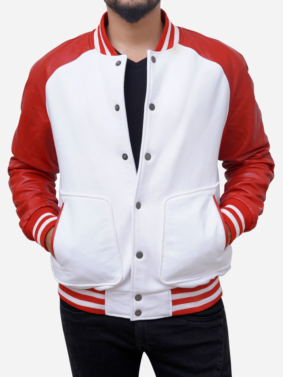 Men's V-Bomber Baseball Jacket [White/Red] – LeatherKloset