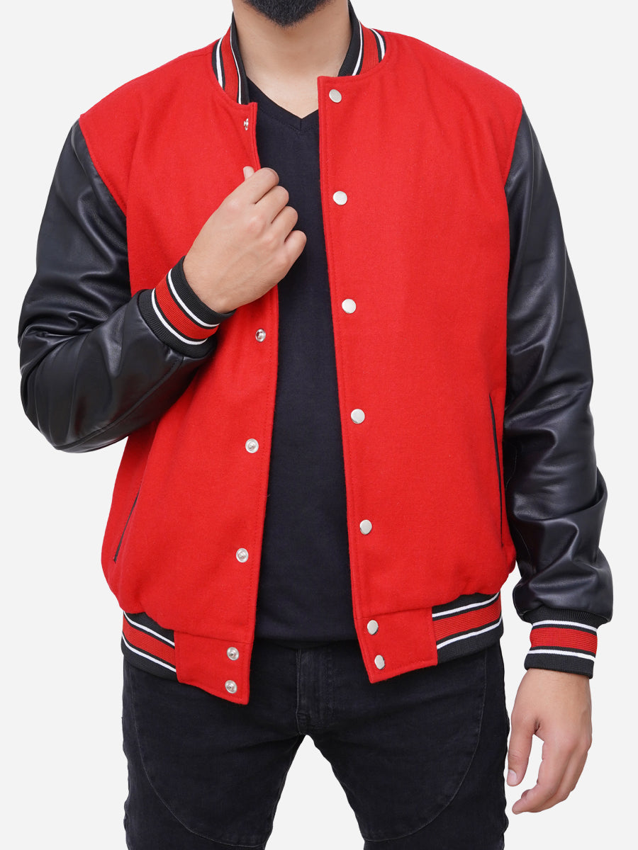 Men's Leather Sleeves Wool Blended Varsity Baseball Letterman Jacket