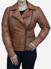 Load image into Gallery viewer, Clara Women's Brown Distressed Motorcycle Leather Jacket - Peter Sign