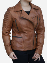 Load image into Gallery viewer, Clara Women's Brown Distressed Motorcycle Leather Jacket - Peter Sign