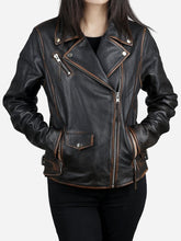 Load image into Gallery viewer, Daniela Women's Dark Brown Biker Leather Jacket - Peter Sign