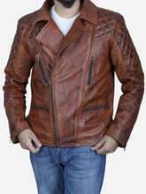 Lade das Bild in den Galerie-Viewer, Knight Men's Vintage Motorcycle Brown Leather Jacket - Peter Sign