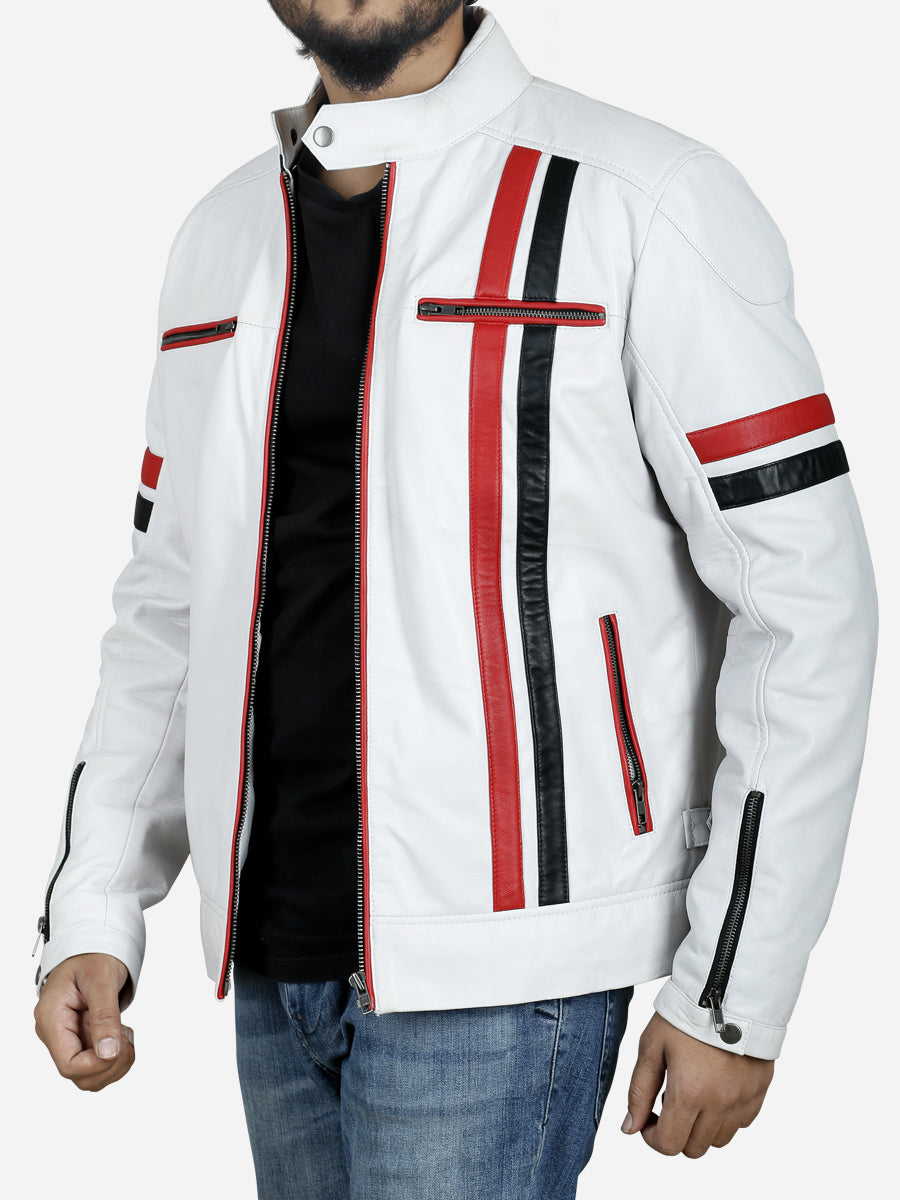 menneskelige ressourcer melodramatiske stemme Weston Men's White Cafe Racer Jacket with Red and Black Stripes