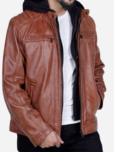 Load image into Gallery viewer, hooded leather jacket
