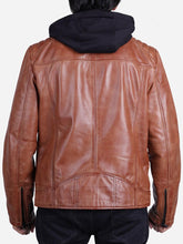 Load image into Gallery viewer, leather jacket with black hood