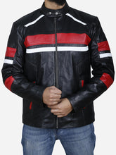 Load image into Gallery viewer, leather jacket with red and white stripes
