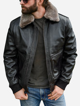 Load image into Gallery viewer, Men Black Bomber Leather Shearling Flight Jacket
