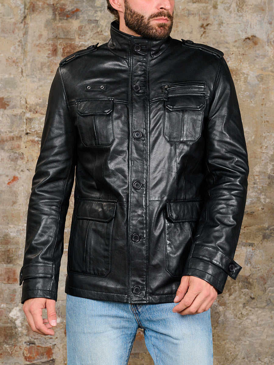 Men Pure Black Sheepskin Leather Jacket main image 0