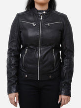 Load image into Gallery viewer, Women Vintage Style Black Cafe Racer Leather Jacket 
