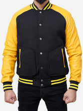 Load image into Gallery viewer, Men Black and Yellow Letterman Varsity Bomber Jacket
