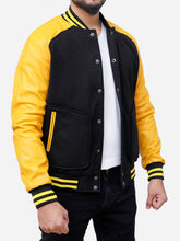Load image into Gallery viewer, Black and Yellow Men Letterman Wool and Leather Jacket
