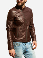 Load image into Gallery viewer, Quilted Brown Biker Leather Jacket For Men
