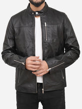 Load image into Gallery viewer, Men Cafe Racer Black Snap Tab Collar Leather Jacket
