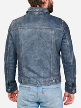 Load image into Gallery viewer, Casual Trucker Style Distressed Blue Leather Jacket Men

