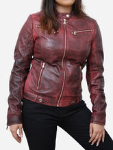 Load image into Gallery viewer, Women Fitted Style Distressed Maroon Leather Biker Jacket
