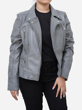 Load image into Gallery viewer, Women Real Sheepskin Gray Leather Moto Jacket
