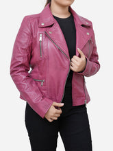 Load image into Gallery viewer, Women Casual Slim Fit Real Leather Pink Biker Leather Jacket
