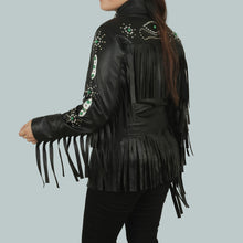 Load image into Gallery viewer, Women Cowgirl Black Fringe Leather Jacket
